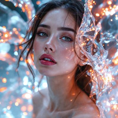 The primary subject of the image is a woman with long hair, who is looking at the camera. She is wearing makeup and has a pouty lip. The setting is a room with a blue background, and the visual style is a close-up of the woman's face. The colors in the image are predominantly blue and pink, creating a soft and elegant atmosphere.